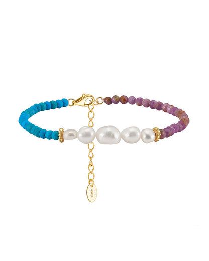 14K Gold Plated 925 Sterling Silver - Pearl - Turquoise &amp; Purple Mica BRACELET | BRYON