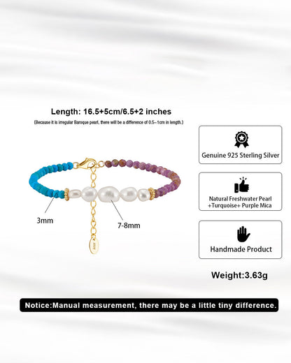 14K Gold Plated 925 Sterling Silver - Pearl - Turquoise &amp; Purple Mica BRACELET | BRYON