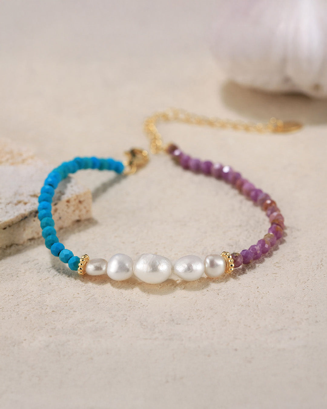 14K Gold Plated 925 Sterling Silver - Pearl - Turquoise &amp; Purple Mica BRACELET | BRYON
