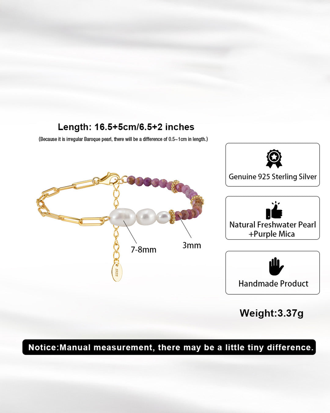 14K Gold Plated 925 Sterling Silver , Natural Freshwater Pearl &amp; Purple Mica BRACELET | TULAY