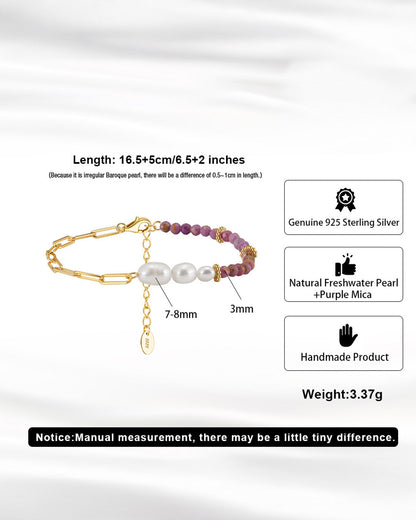 14K Gold Plated 925 Sterling Silver , Natural Freshwater Pearl &amp; Purple Mica BRACELET | TULAY