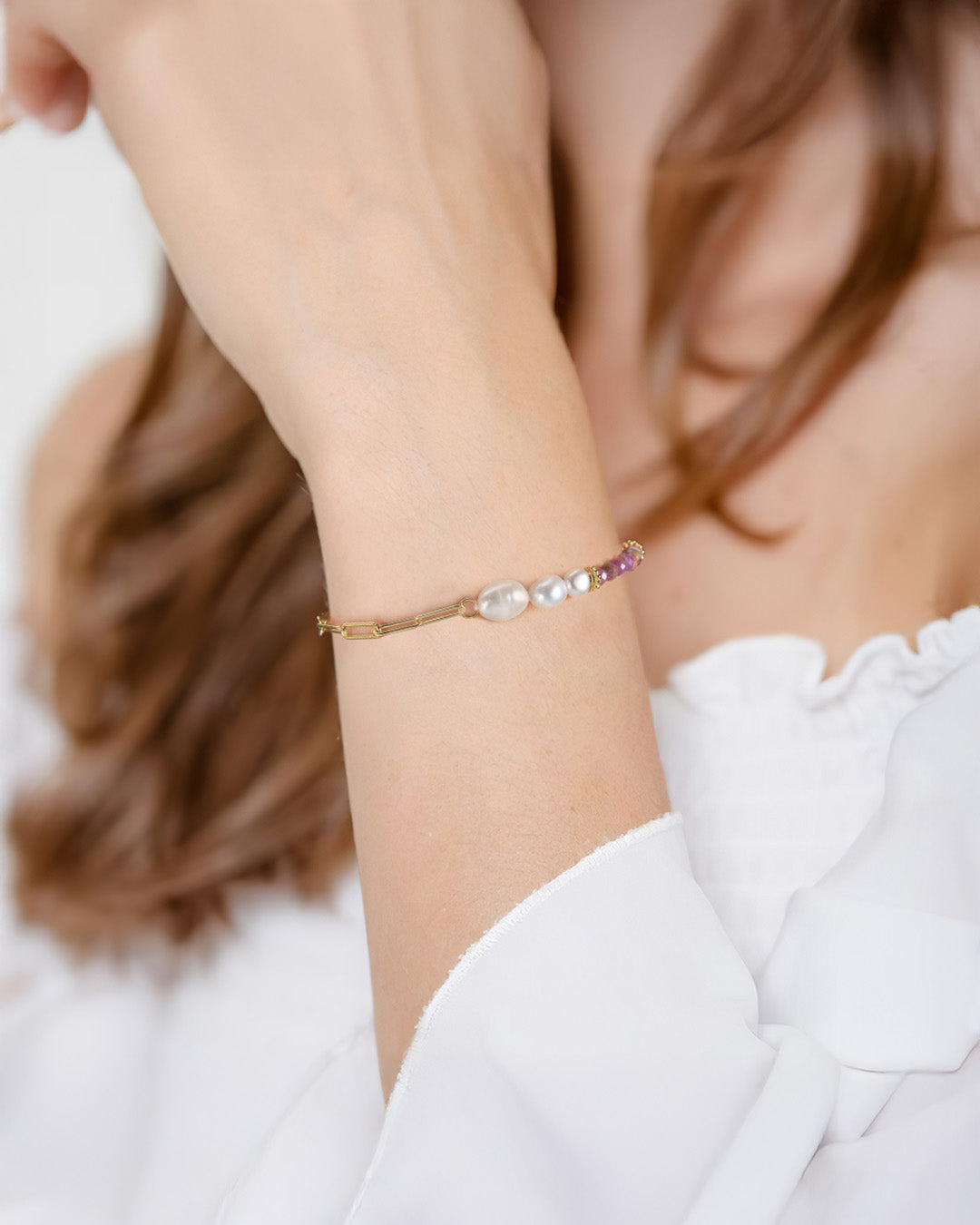 14K Gold Plated 925 Sterling Silver , Natural Freshwater Pearl &amp; Purple Mica BRACELET | TULAY