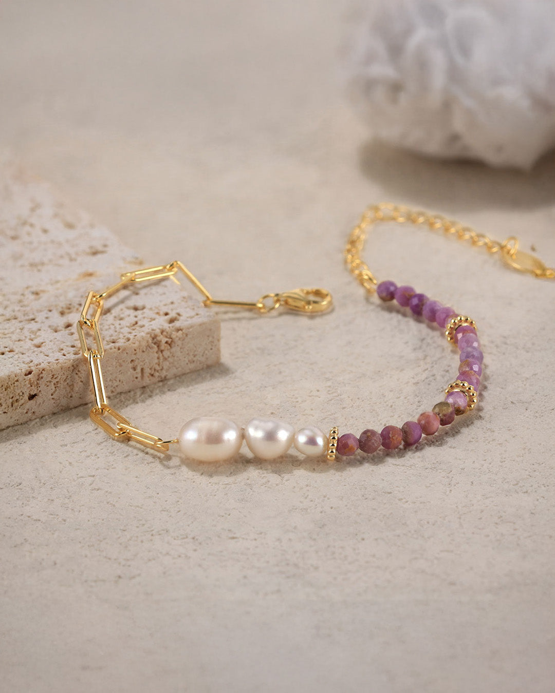 14K Gold Plated 925 Sterling Silver , Natural Freshwater Pearl &amp; Purple Mica BRACELET | TULAY