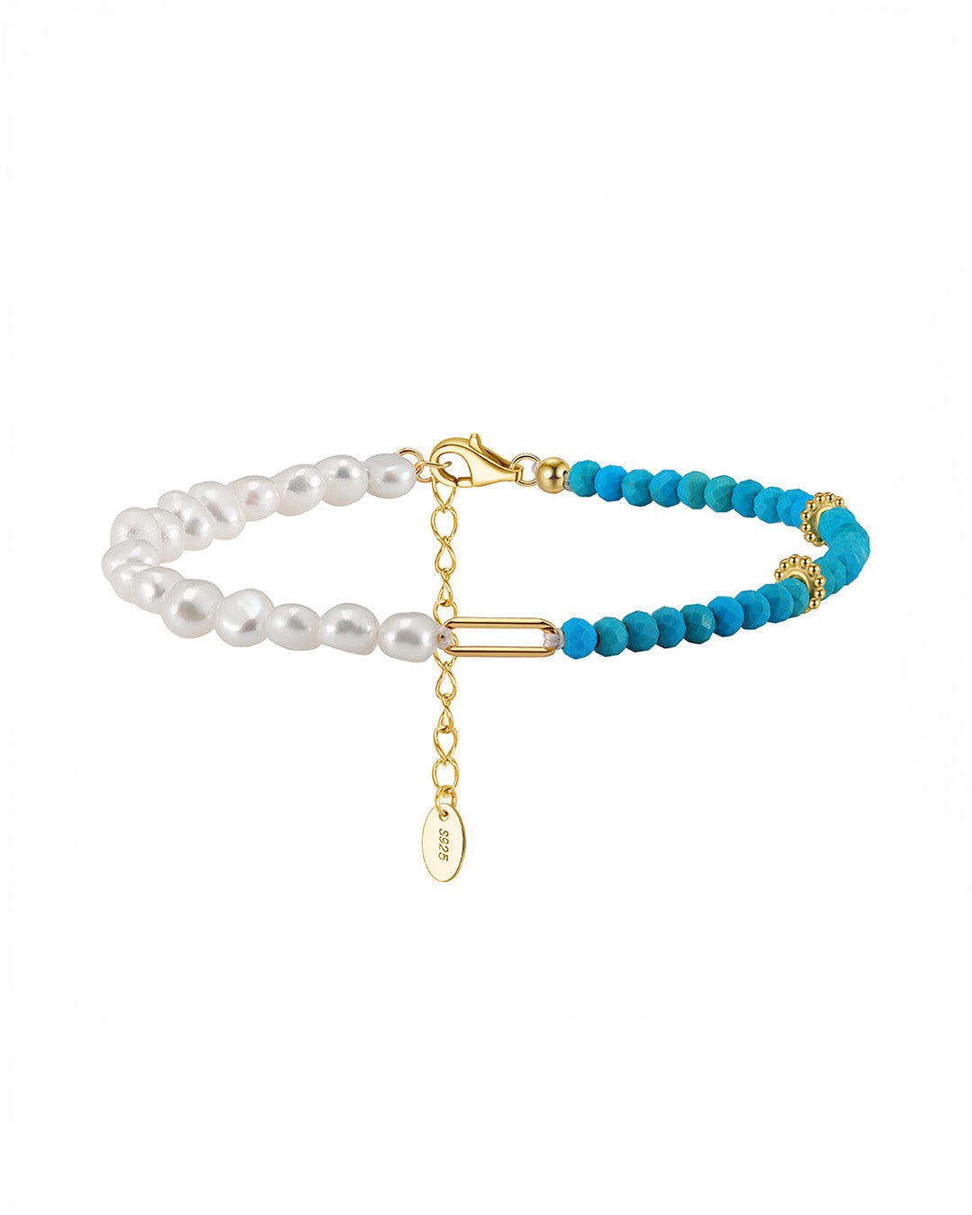 14K Gold Plated 925 Sterling Silver, Natural Freshwater Pearl &amp; Turquoise BRACELET |  AQUALYN