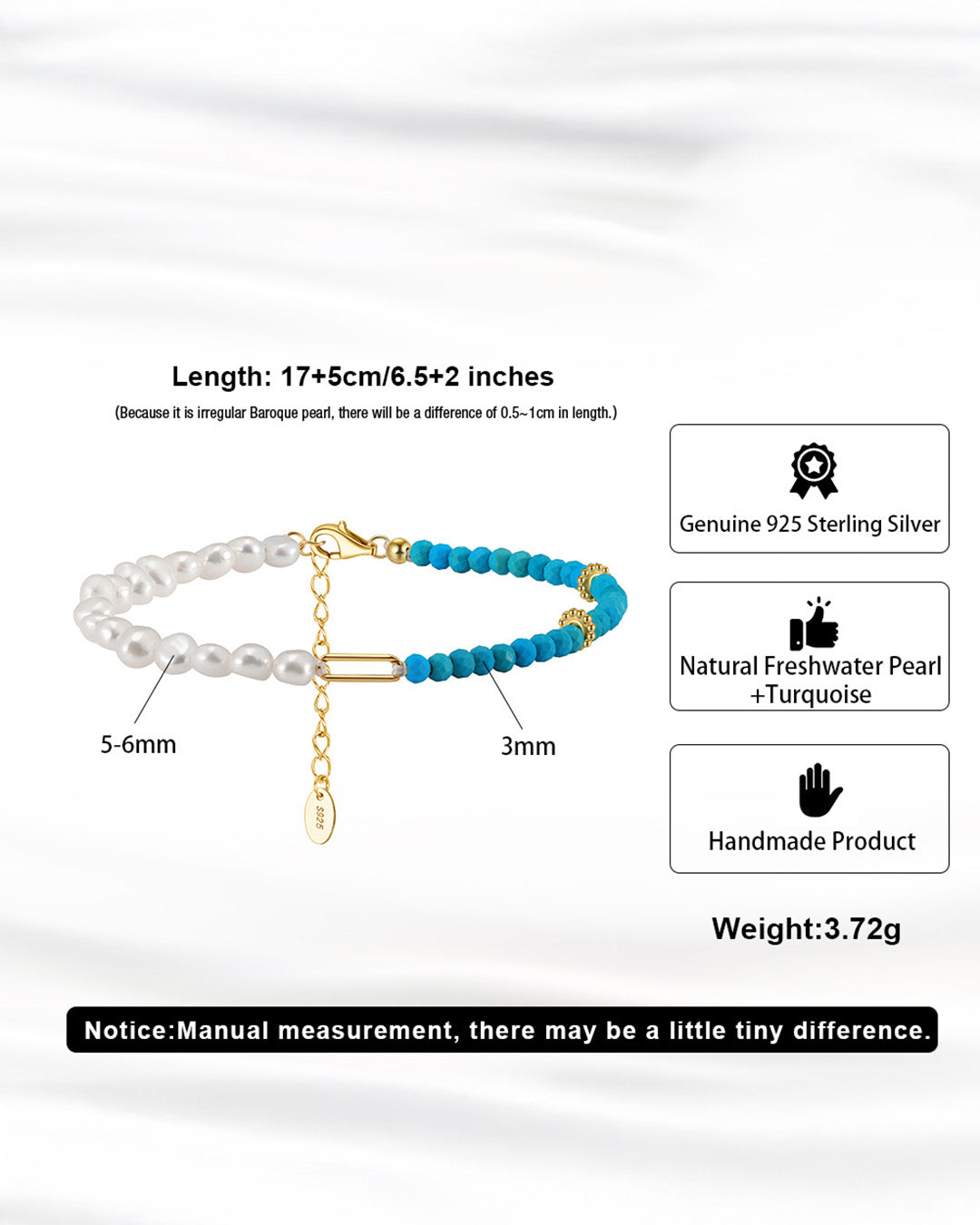 14K Gold Plated 925 Sterling Silver, Natural Freshwater Pearl &amp; Turquoise BRACELET |  AQUALYN