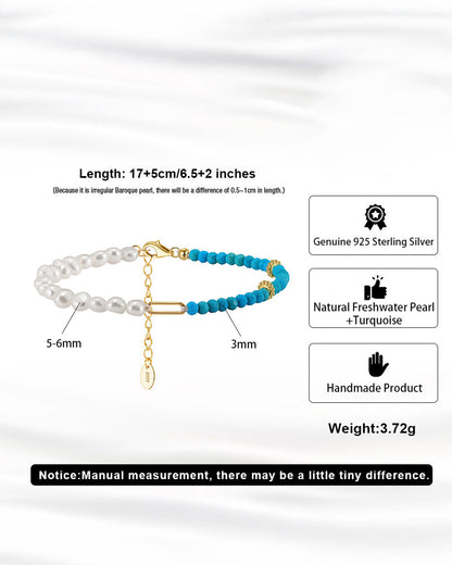 14K Gold Plated 925 Sterling Silver, Natural Freshwater Pearl &amp; Turquoise BRACELET |  AQUALYN