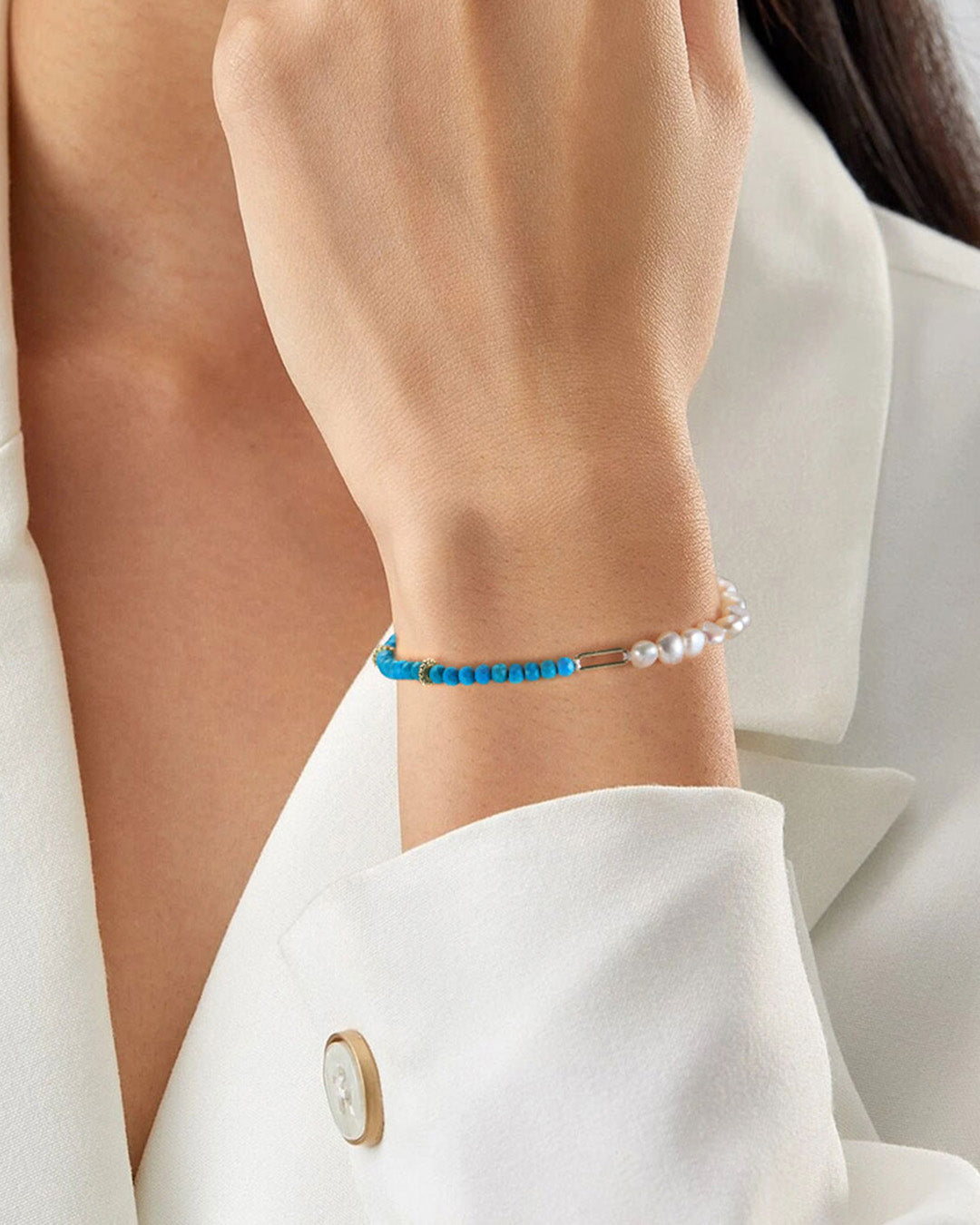 14K Gold Plated 925 Sterling Silver, Natural Freshwater Pearl &amp; Turquoise BRACELET |  AQUALYN