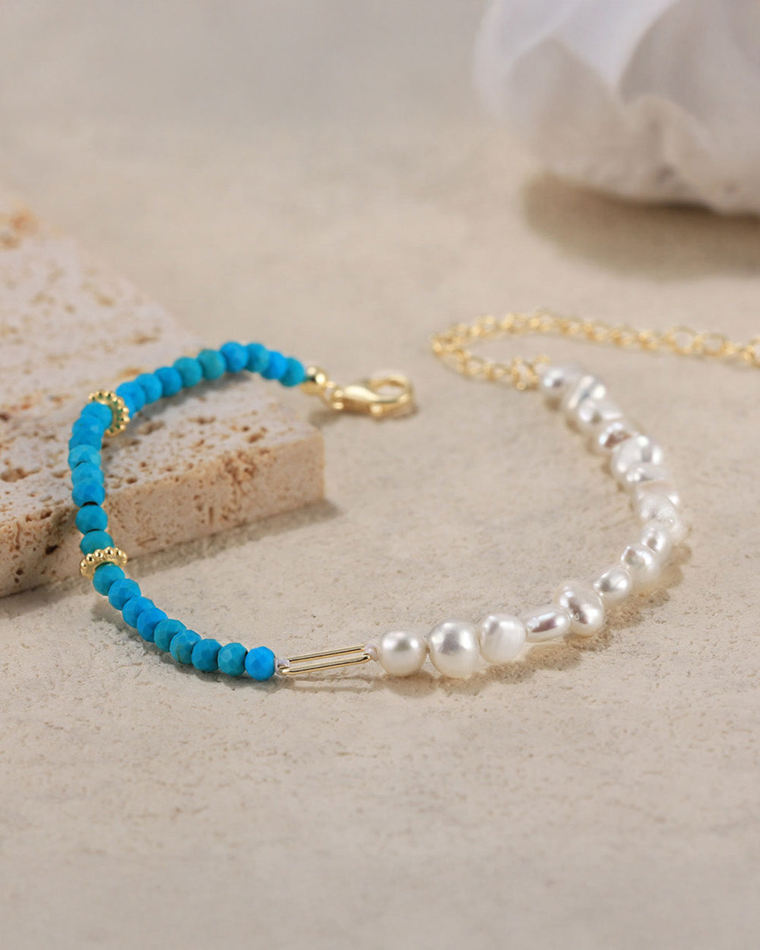 14K Gold Plated 925 Sterling Silver, Natural Freshwater Pearl &amp; Turquoise BRACELET |  AQUALYN