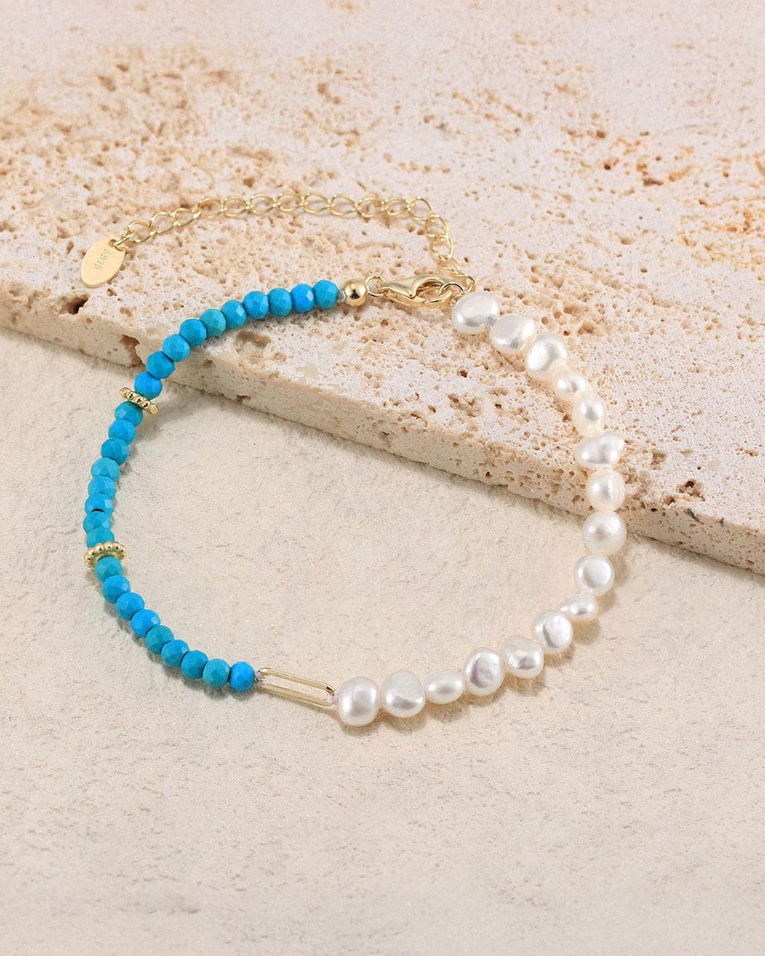 14K Gold Plated 925 Sterling Silver, Natural Freshwater Pearl &amp; Turquoise BRACELET |  AQUALYN