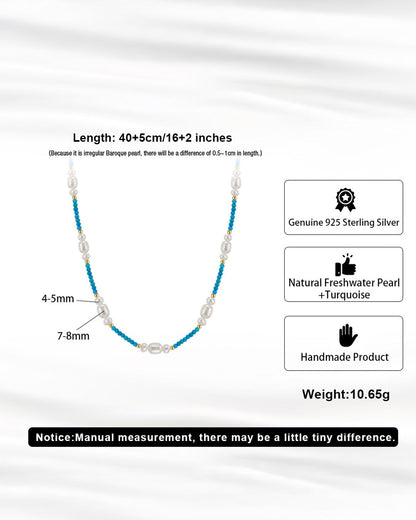 14K GOLD PLATED 925 STERLING SILVER, NATURAL FRESHWATER PEARL &amp; TURQUOISE NECKLACE | ZALEEN