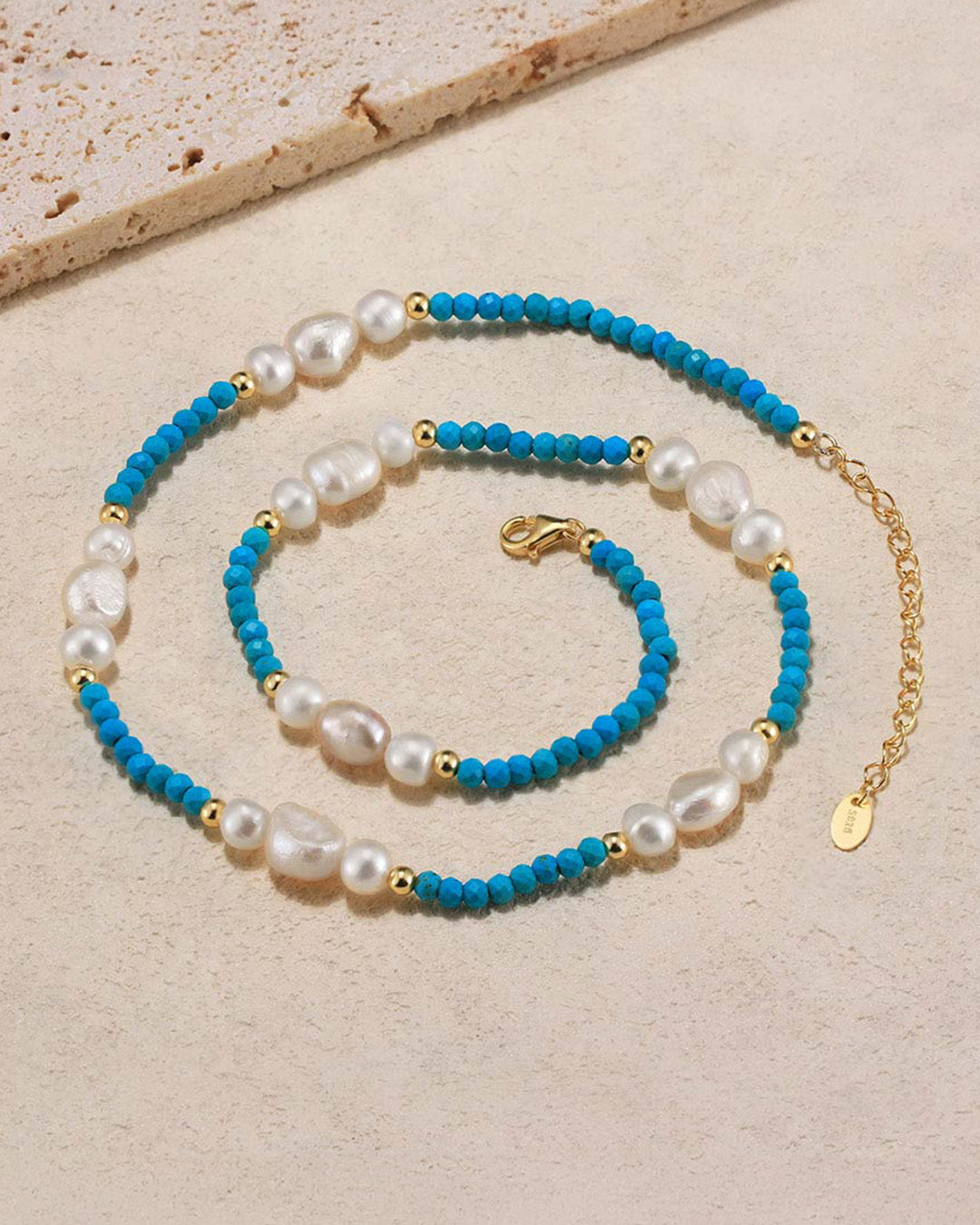 14K GOLD PLATED 925 STERLING SILVER, NATURAL FRESHWATER PEARL &amp; TURQUOISE NECKLACE | ZALEEN