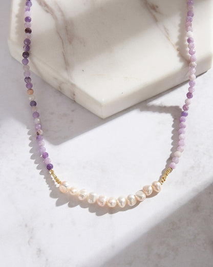 UMERA NECKLACE - 14K GOLD PLATED 925 STERLING SILVER, NATURAL FRESHWATER PEARL &amp; PURPLE MICA