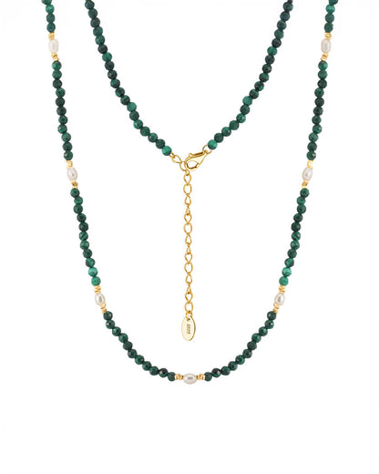 14K GOLD PLATED 925 STERLING SILVER, NATURAL FRESHWATER PEARL &amp; MALACHITE NECKLACE | ZUMÉA
