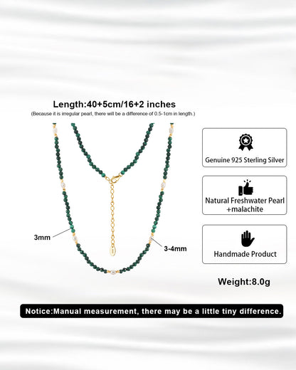 14K GOLD PLATED 925 STERLING SILVER, NATURAL FRESHWATER PEARL &amp; MALACHITE NECKLACE | ZUMÉA