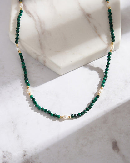 14K GOLD PLATED 925 STERLING SILVER, NATURAL FRESHWATER PEARL &amp; MALACHITE NECKLACE | ZUMÉA